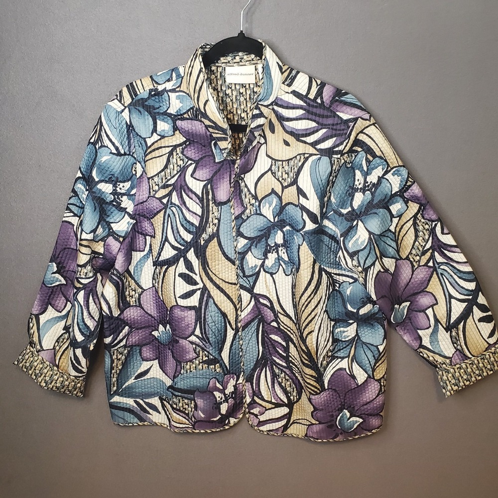 Alfred Dunner Womens Jacket‎ Blazer Size 18 Purple Blue Tan Floral Quilted Open